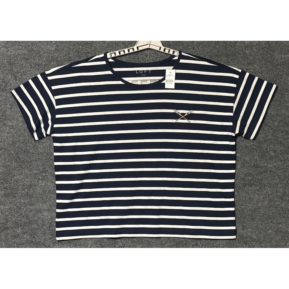LOFT Women L T-Shirt Navy Blue White Striped Embroidered Oars NWY